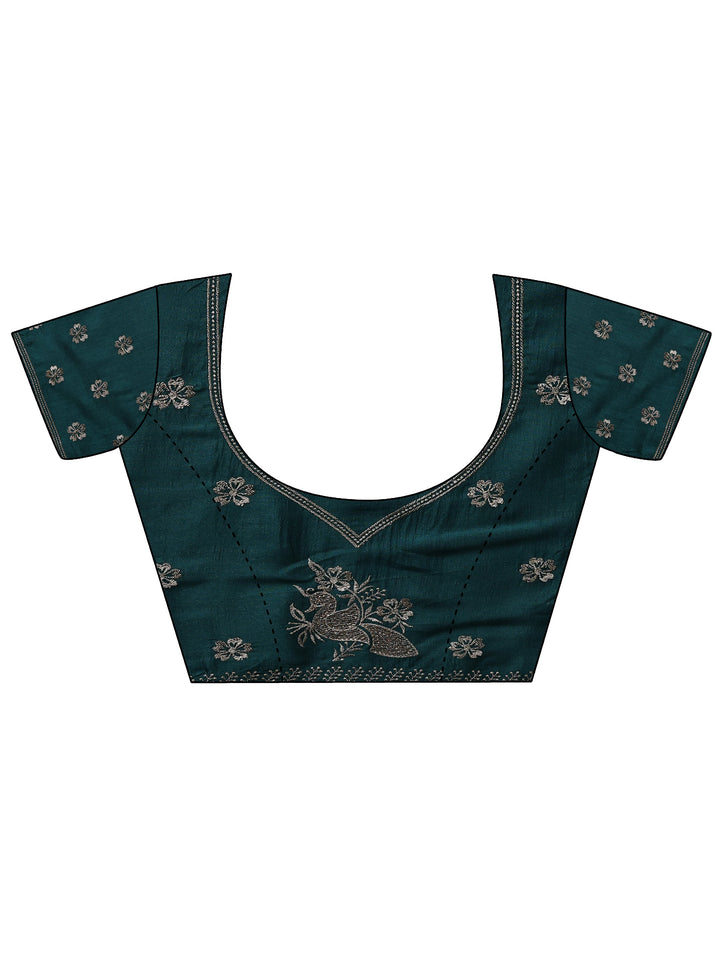 Teal Floral Embroidered Silk Blend Saree With Unstitched Blouse Piece