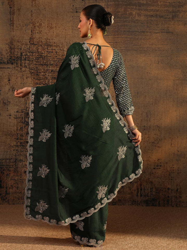 Green Floral Embroidered Silk Blend Saree With Unstitched Blouse Piece