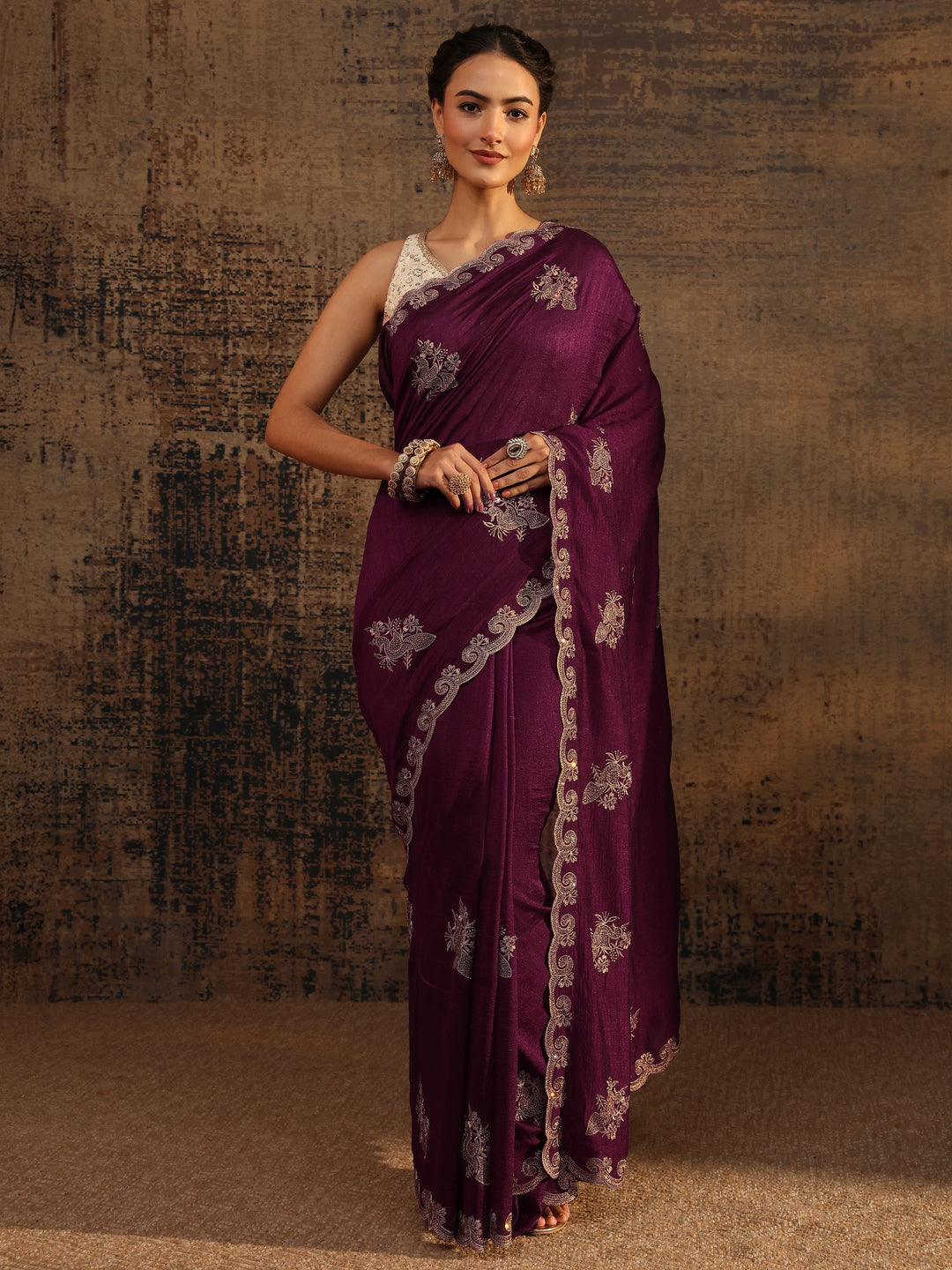 Maroon Floral Embroidered Silk Blend Saree With Unstitched Blouse Piece