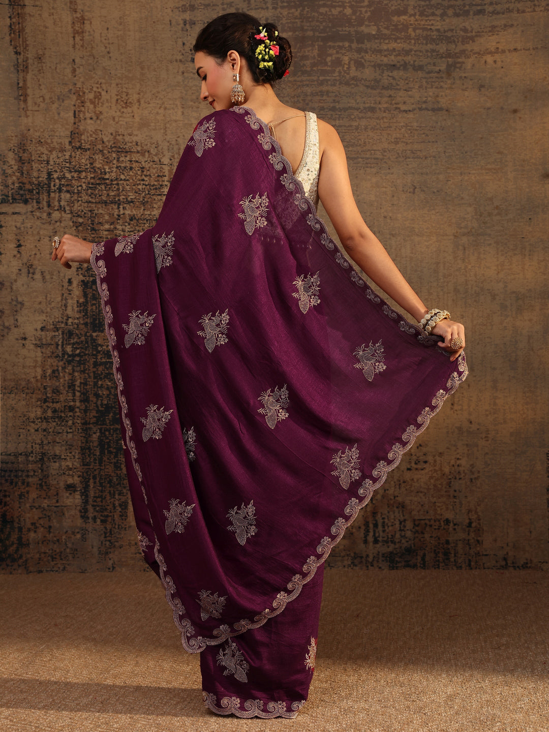 Maroon Floral Embroidered Silk Blend Saree With Unstitched Blouse Piece