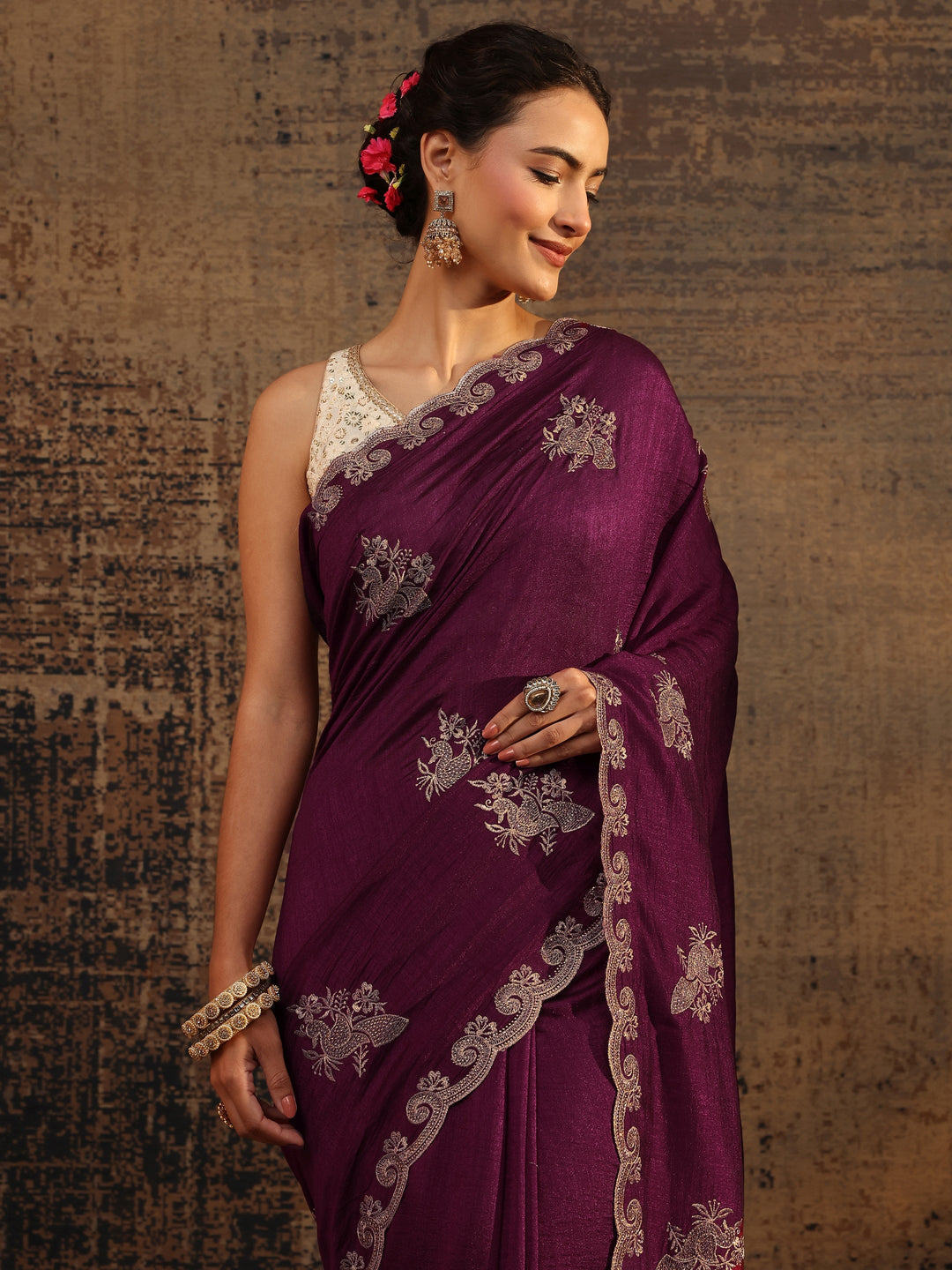 Maroon Floral Embroidered Silk Blend Saree With Unstitched Blouse Piece