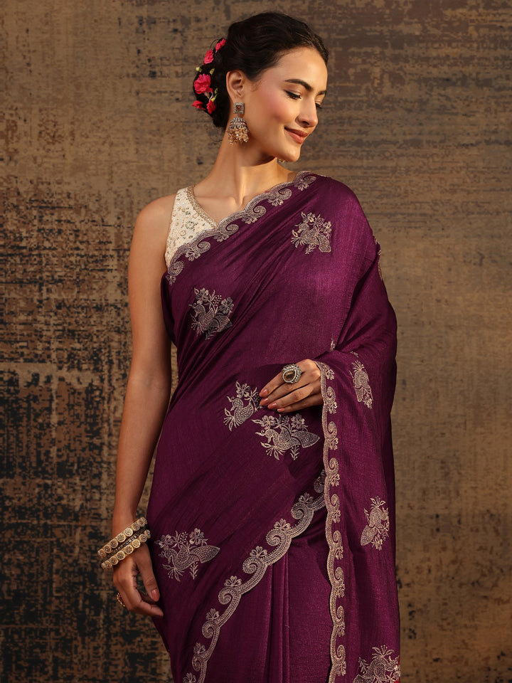 Maroon Floral Embroidered Silk Blend Saree With Unstitched Blouse Piece