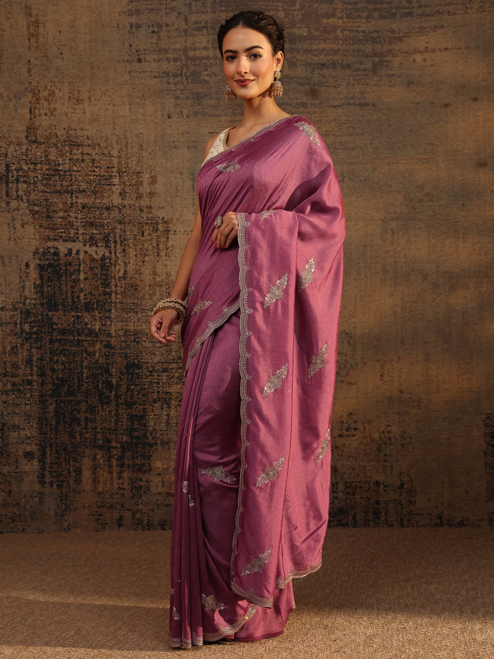 Mauve Floral Embroidered Silk Blend Saree With Unstitched Blouse Piece