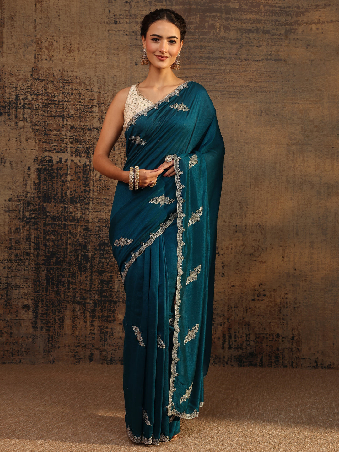 Blue Floral Embroidered Silk Blend Saree With Unstitched Blouse Piece