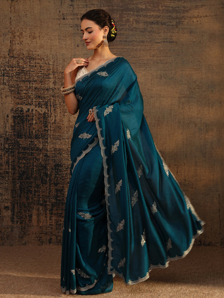 Blue Floral Embroidered Silk Blend Saree With Unstitched Blouse Piece