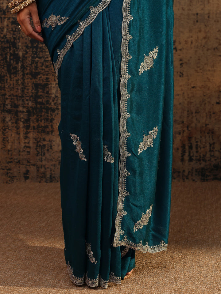 Blue Floral Embroidered Silk Blend Saree With Unstitched Blouse Piece
