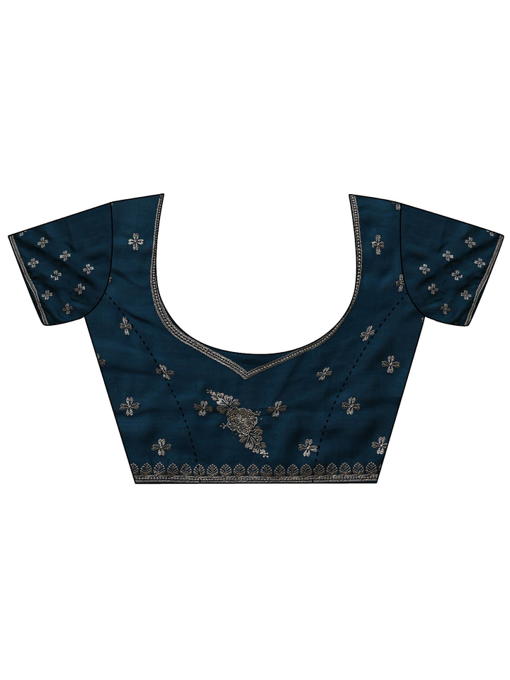 Blue Floral Embroidered Silk Blend Saree With Unstitched Blouse Piece