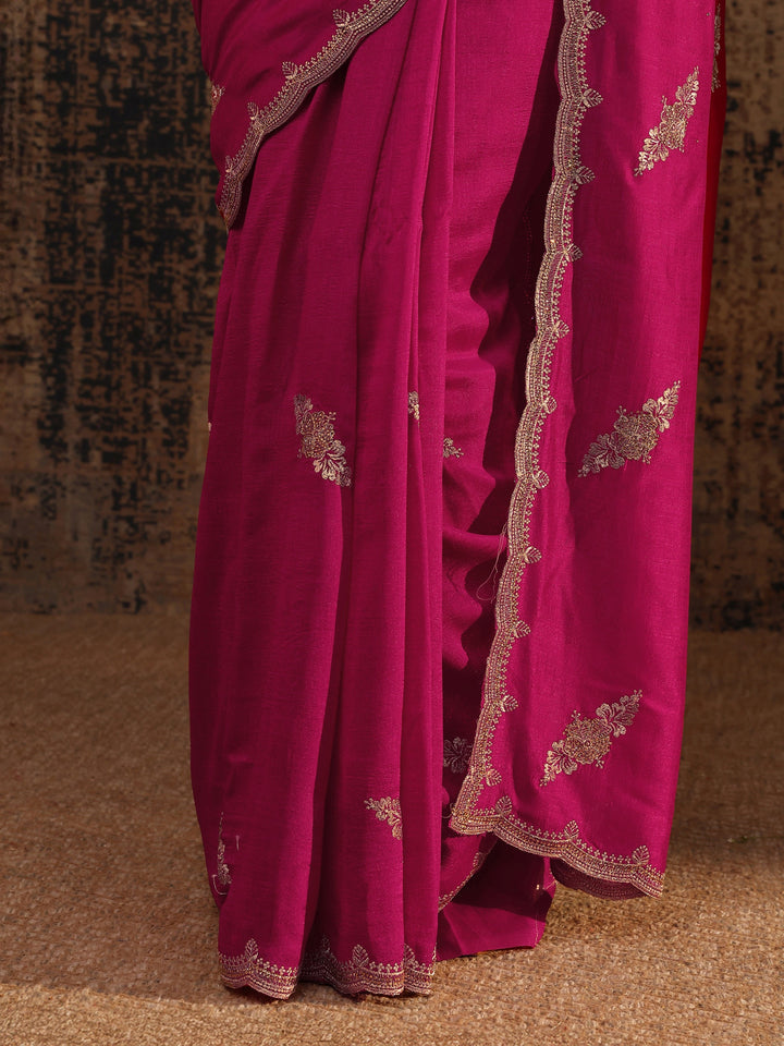 Pink Floral Embroidered Silk Blend Saree With Unstitched Blouse Piece