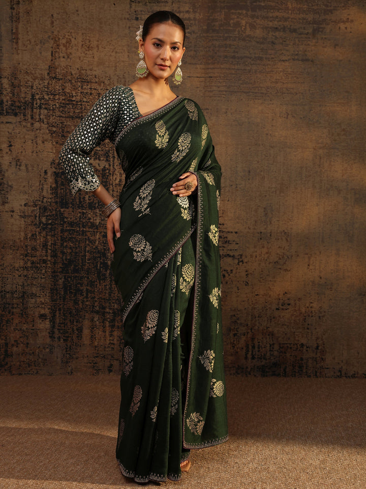Green Floral Printed Silk Blend Saree With Unstitched Blouse Piece