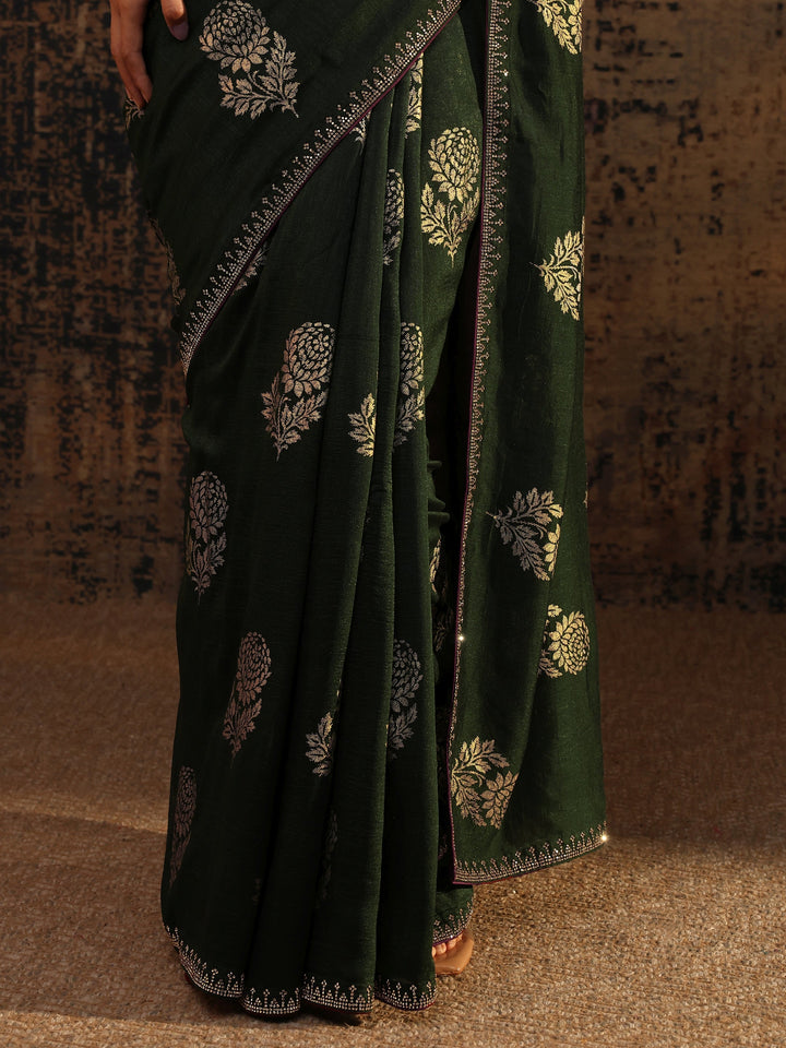 Green Floral Printed Silk Blend Saree With Unstitched Blouse Piece