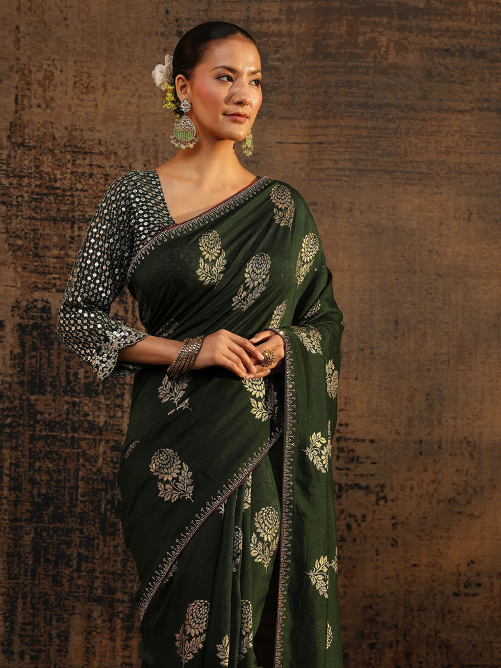Green Floral Printed Silk Blend Saree With Unstitched Blouse Piece