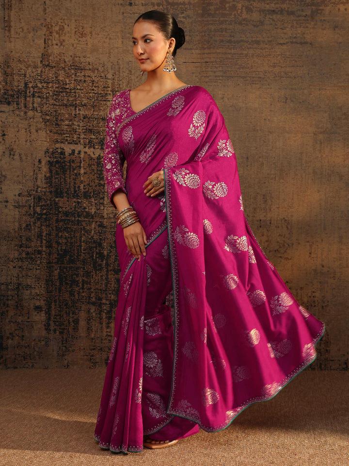 Pink Floral Printed Silk Blend Saree With Unstitched Blouse Piece