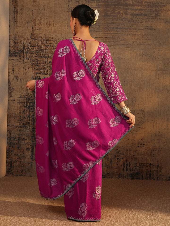 Pink Floral Printed Silk Blend Saree With Unstitched Blouse Piece