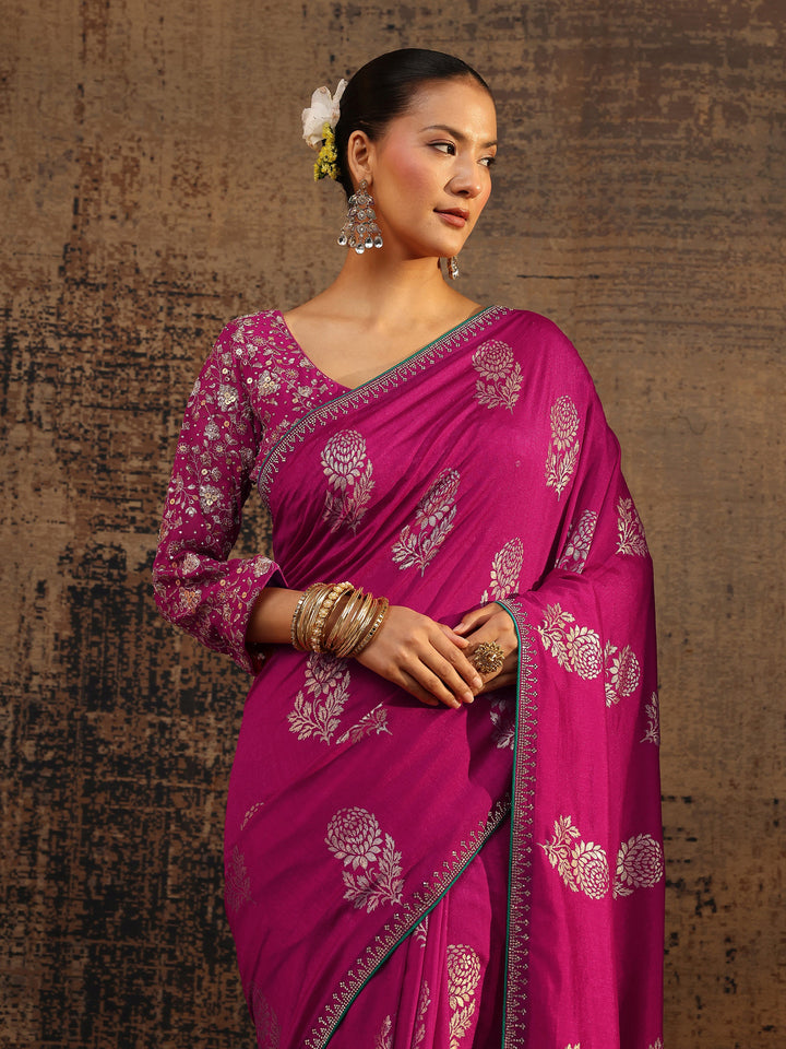 Pink Floral Printed Silk Blend Saree With Unstitched Blouse Piece