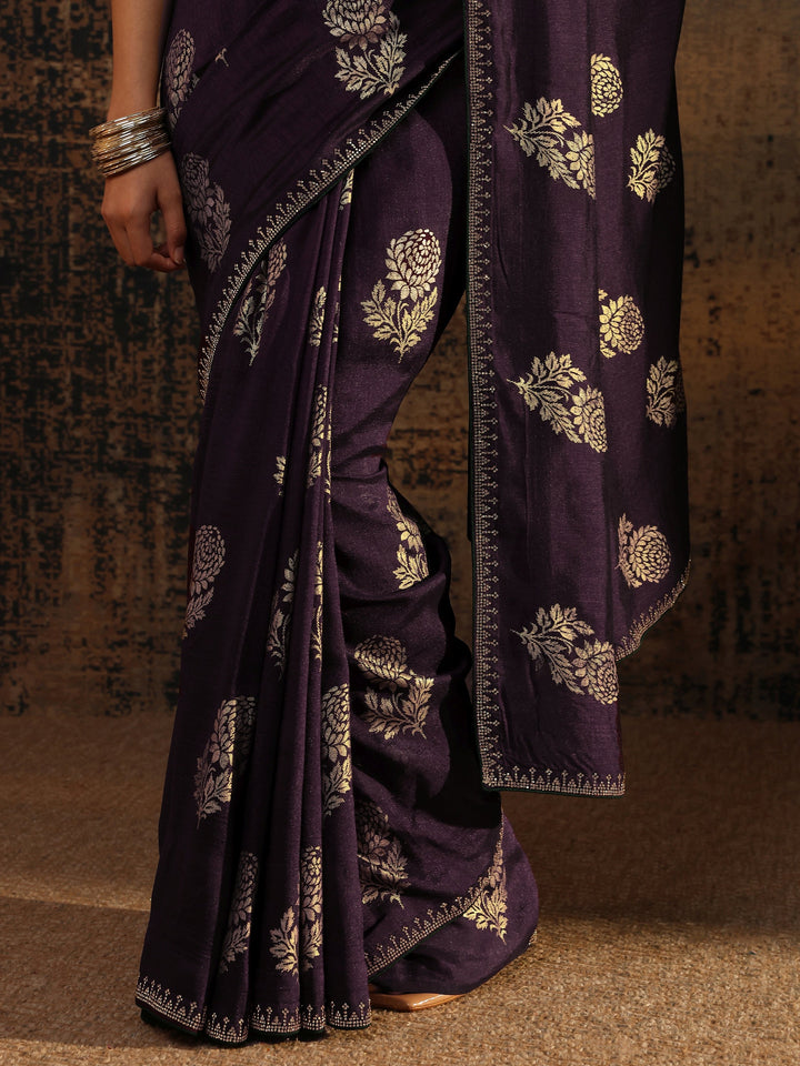 Purple Floral Printed Silk Blend Saree With Unstitched Blouse Piece