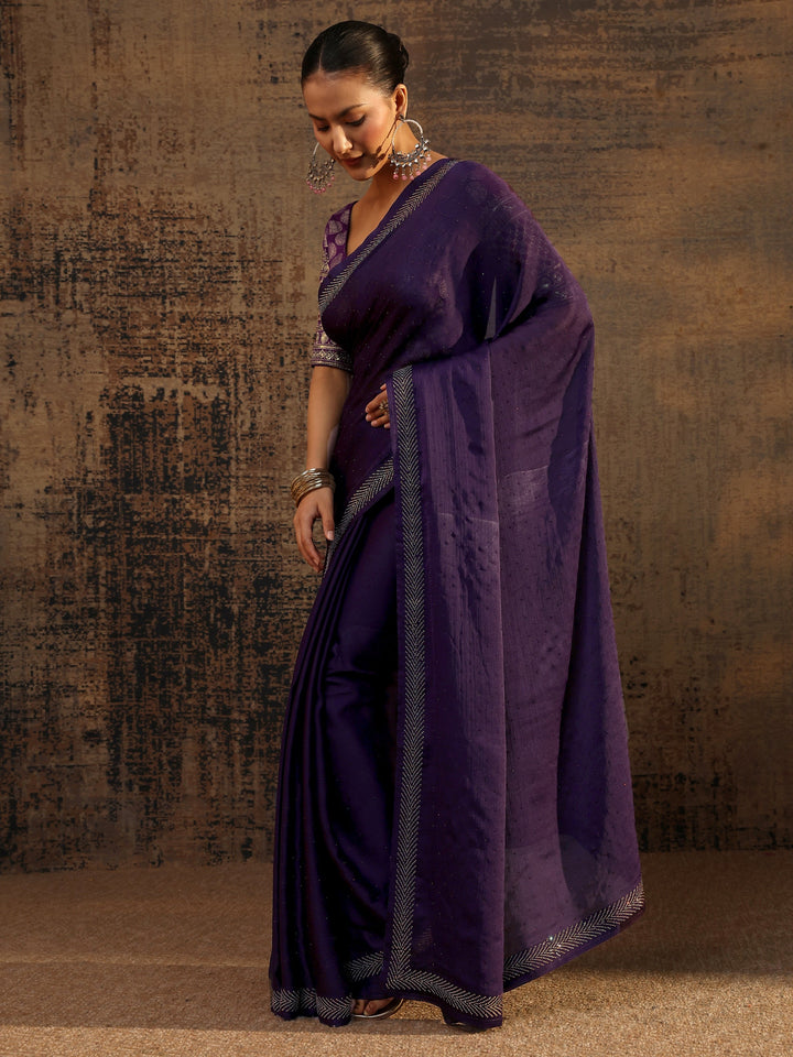 Purple Embellished Silk Blend Saree With Unstitched Blouse Piece