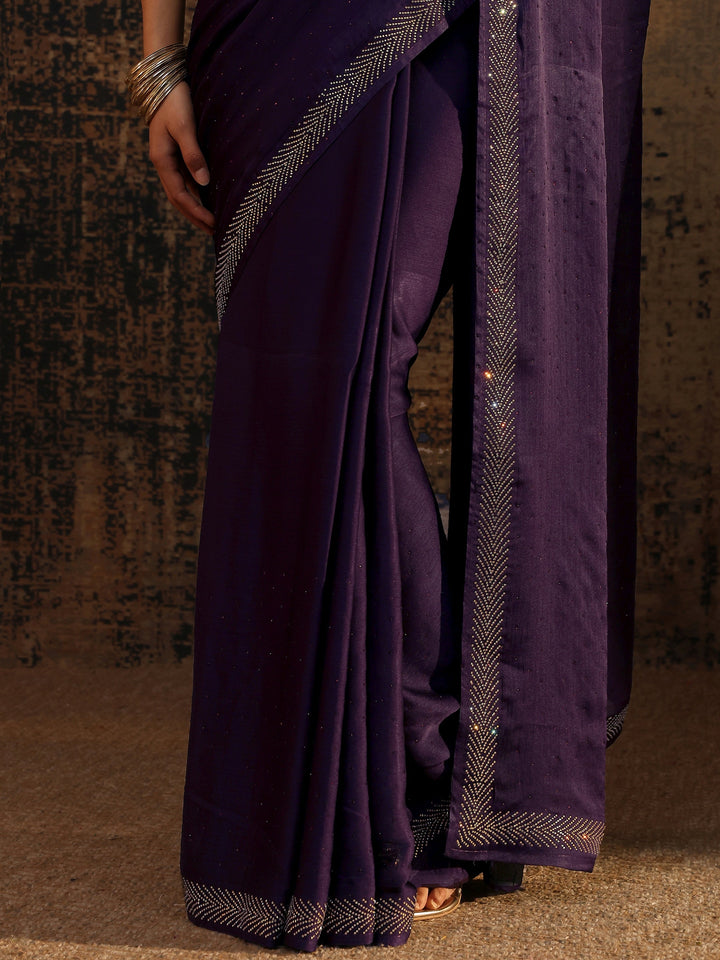 Purple Embellished Silk Blend Saree With Unstitched Blouse Piece