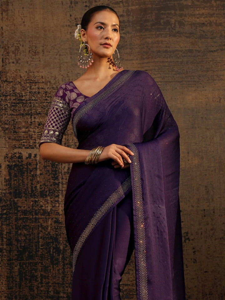 Purple Embellished Silk Blend Saree With Unstitched Blouse Piece