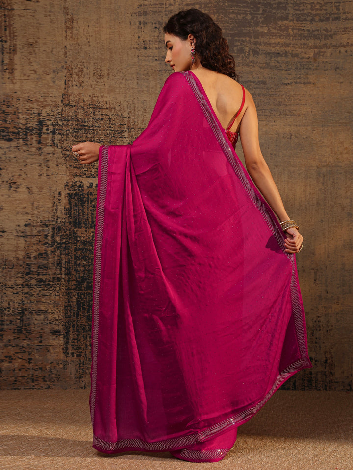 Pink Embellished Silk Blend Saree With Unstitched Blouse Piece