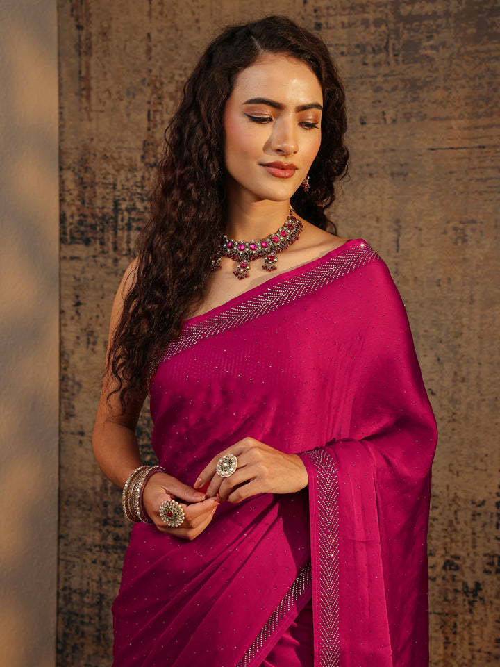 Pink Embellished Silk Blend Saree With Unstitched Blouse Piece