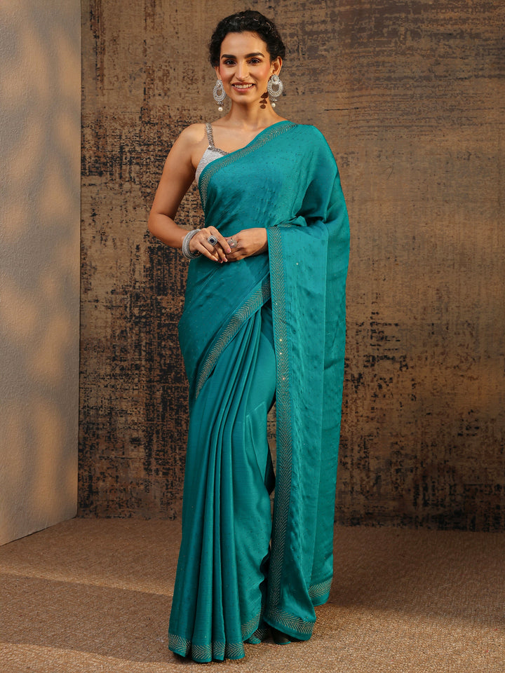 Blue Embellished Silk Blend Saree With Unstitched Blouse Piece
