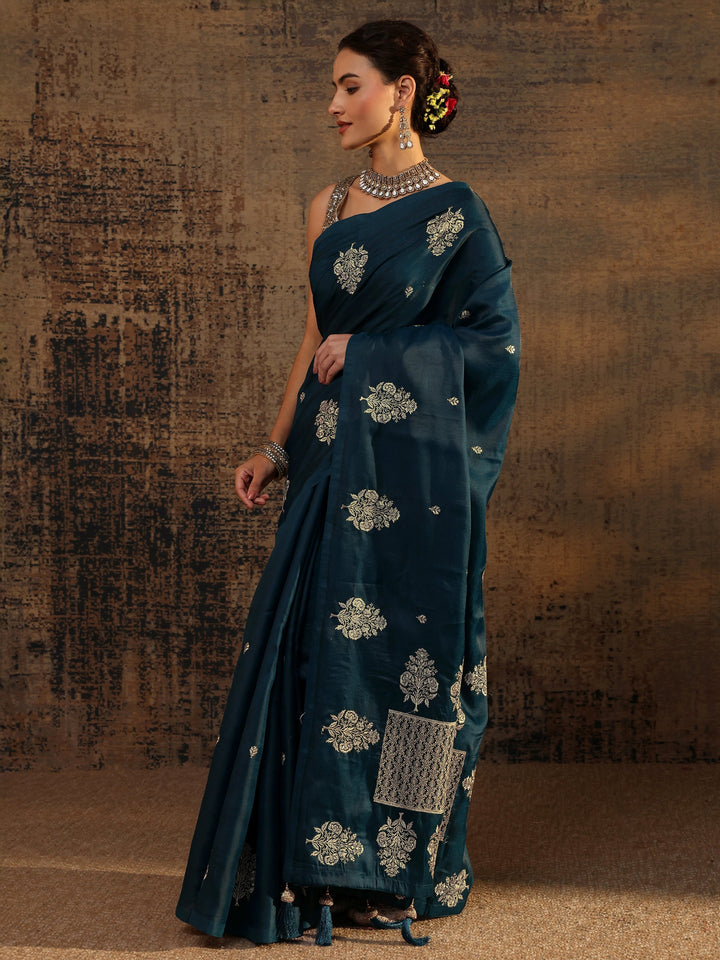 Navy Blue Floral Embroidered Silk Blend Saree With Unstitched Blouse Piece