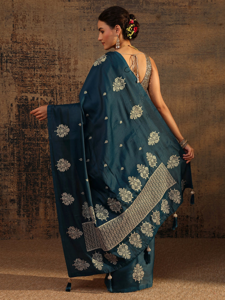Navy Blue Floral Embroidered Silk Blend Saree With Unstitched Blouse Piece