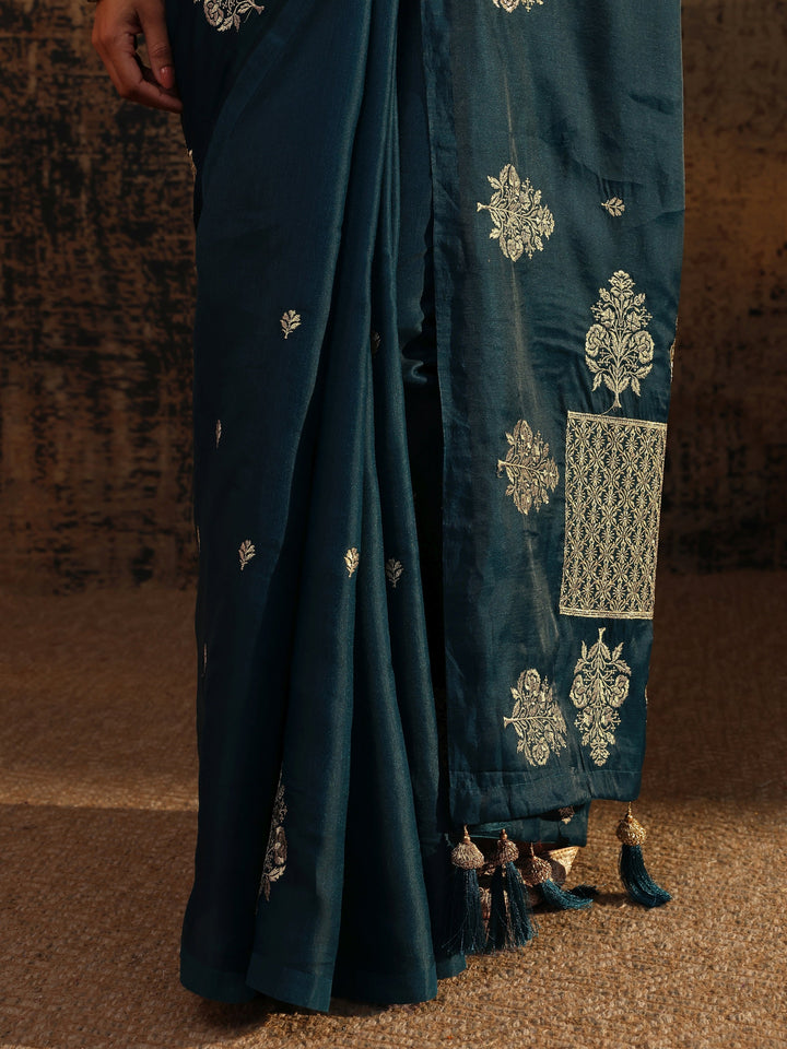 Navy Blue Floral Embroidered Silk Blend Saree With Unstitched Blouse Piece