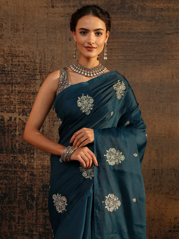 Navy Blue Floral Embroidered Silk Blend Saree With Unstitched Blouse Piece