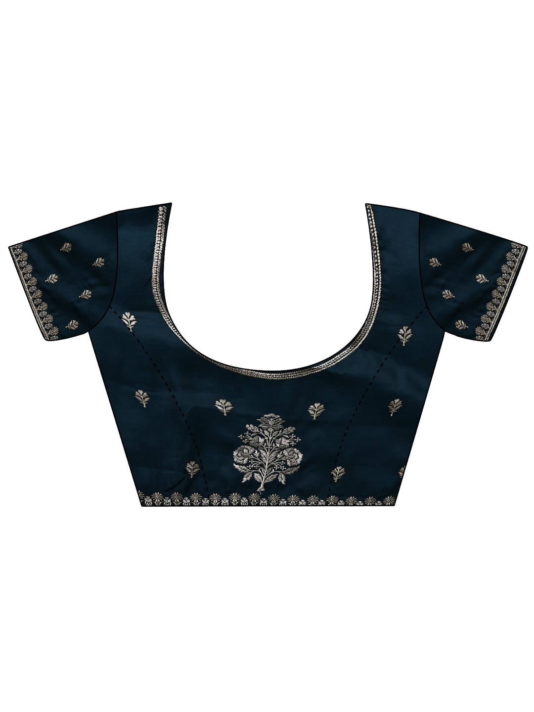 Navy Blue Floral Embroidered Silk Blend Saree With Unstitched Blouse Piece