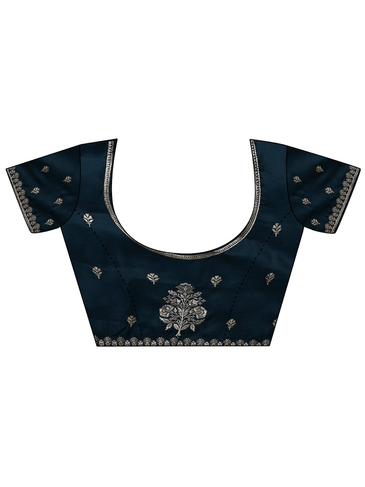Navy Blue Floral Embroidered Silk Blend Saree With Unstitched Blouse Piece