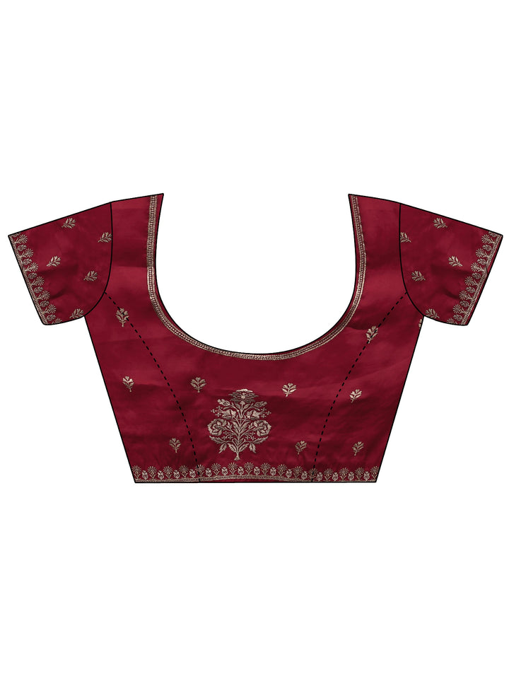 Red Floral Embroidered Silk Blend Saree With Unstitched Blouse Piece