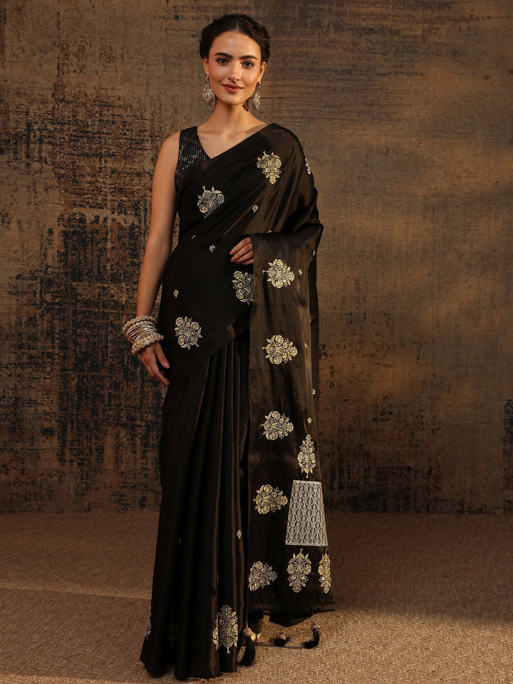 Black Floral Embroidered Silk Blend Saree With Unstitched Blouse Piece