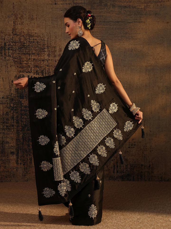 Black Floral Embroidered Silk Blend Saree With Unstitched Blouse Piece