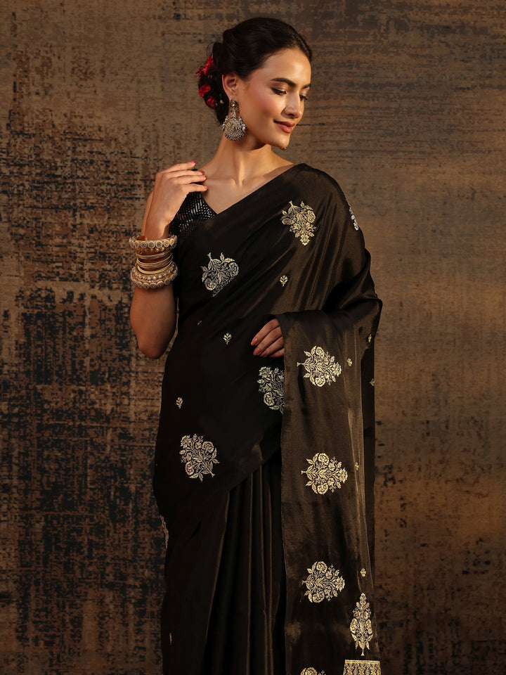 Black Floral Embroidered Silk Blend Saree With Unstitched Blouse Piece