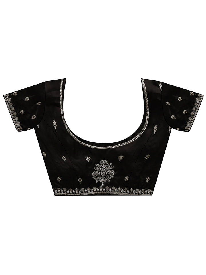 Black Floral Embroidered Silk Blend Saree With Unstitched Blouse Piece