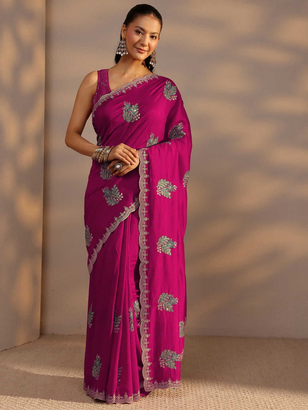 Libas Pink Floral Embroidered Silk Blend Saree With Unstitched Blouse Piece
