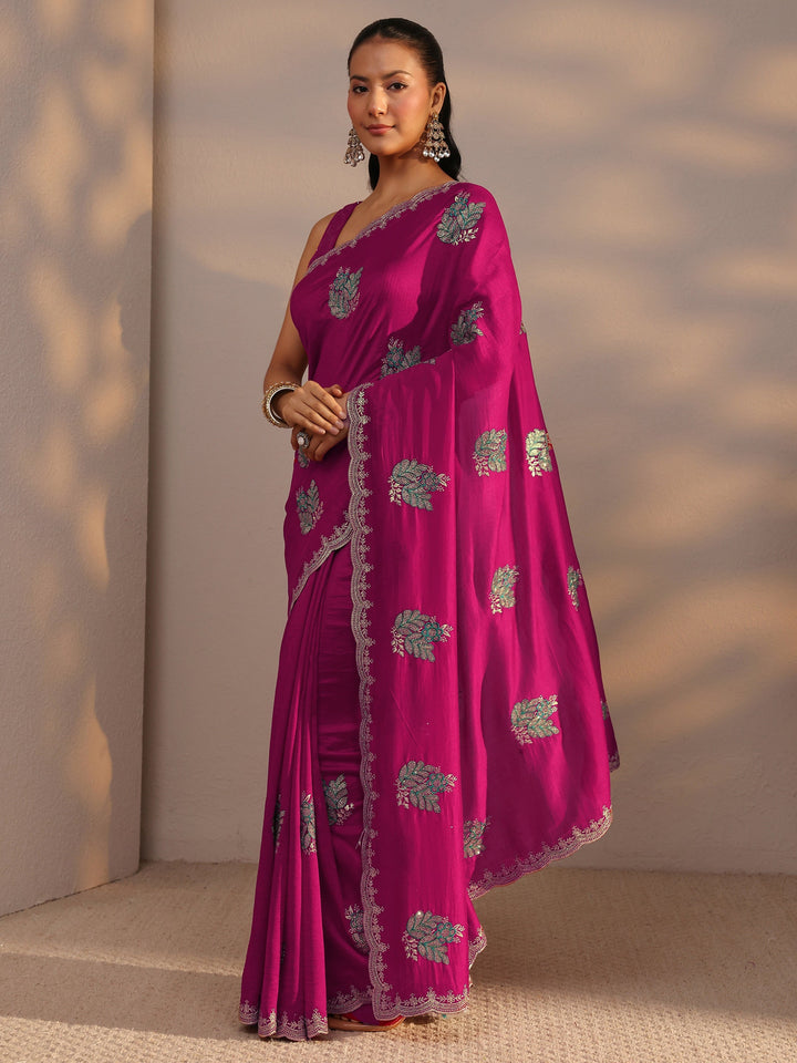 Libas Pink Floral Embroidered Silk Blend Saree With Unstitched Blouse Piece
