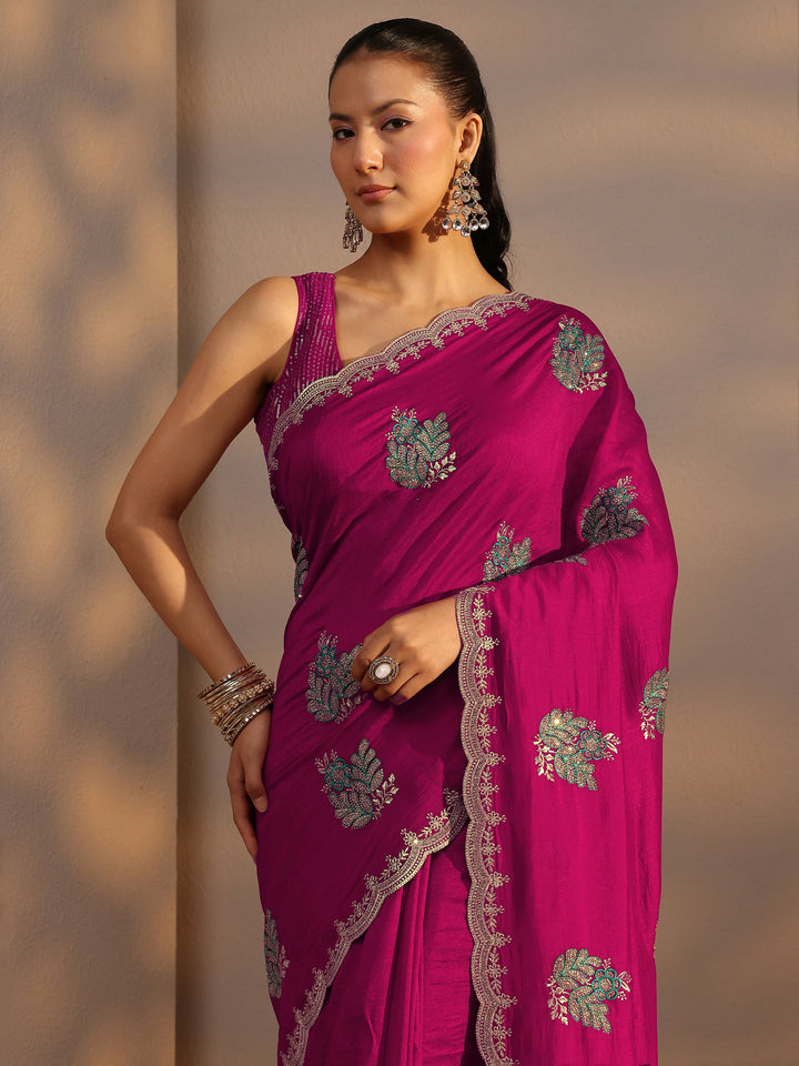 Pink Floral Embroidered Silk Blend Saree With Unstitched Blouse Piece