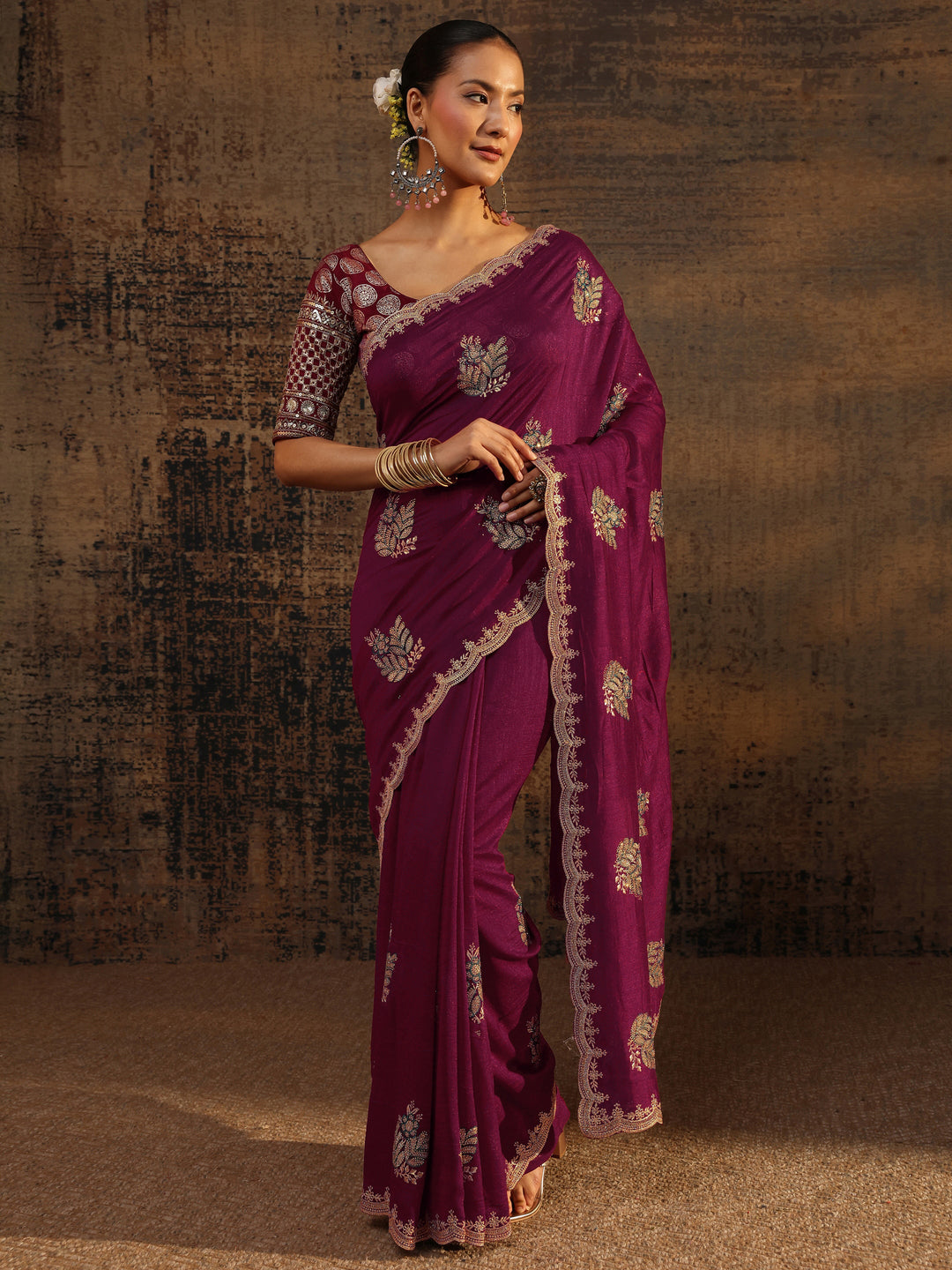 Maroon Floral Embroidered Silk Blend Saree With Unstitched Blouse Piece