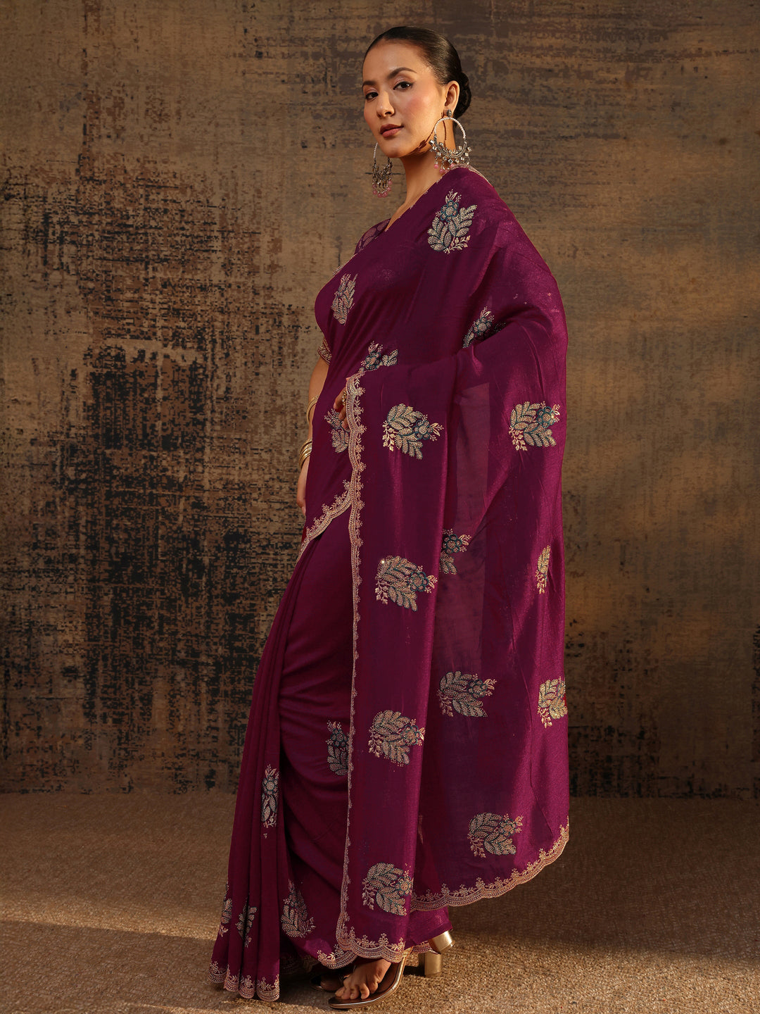 Maroon Floral Embroidered Silk Blend Saree With Unstitched Blouse Piece