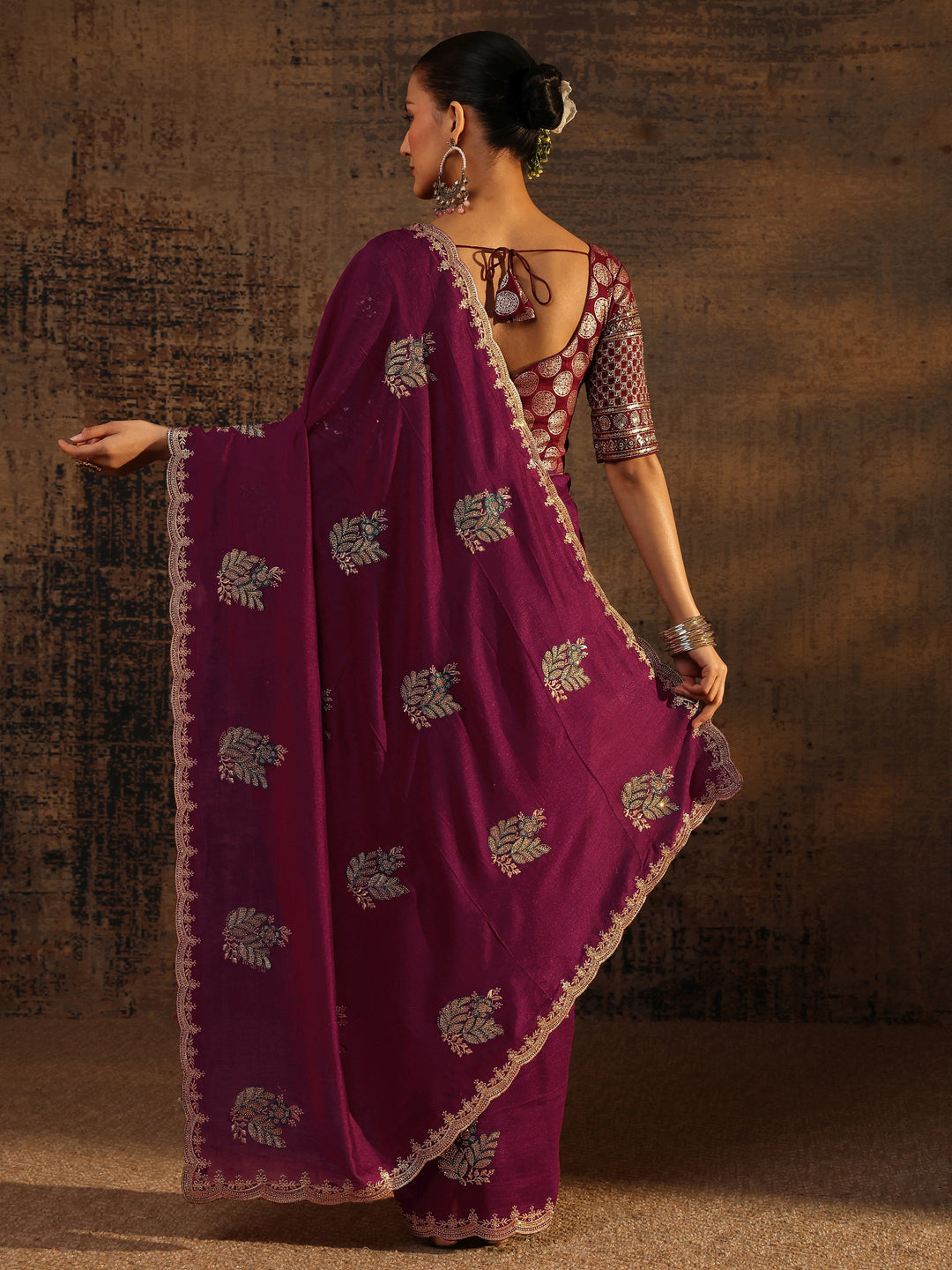 Maroon Floral Embroidered Silk Blend Saree With Unstitched Blouse Piece
