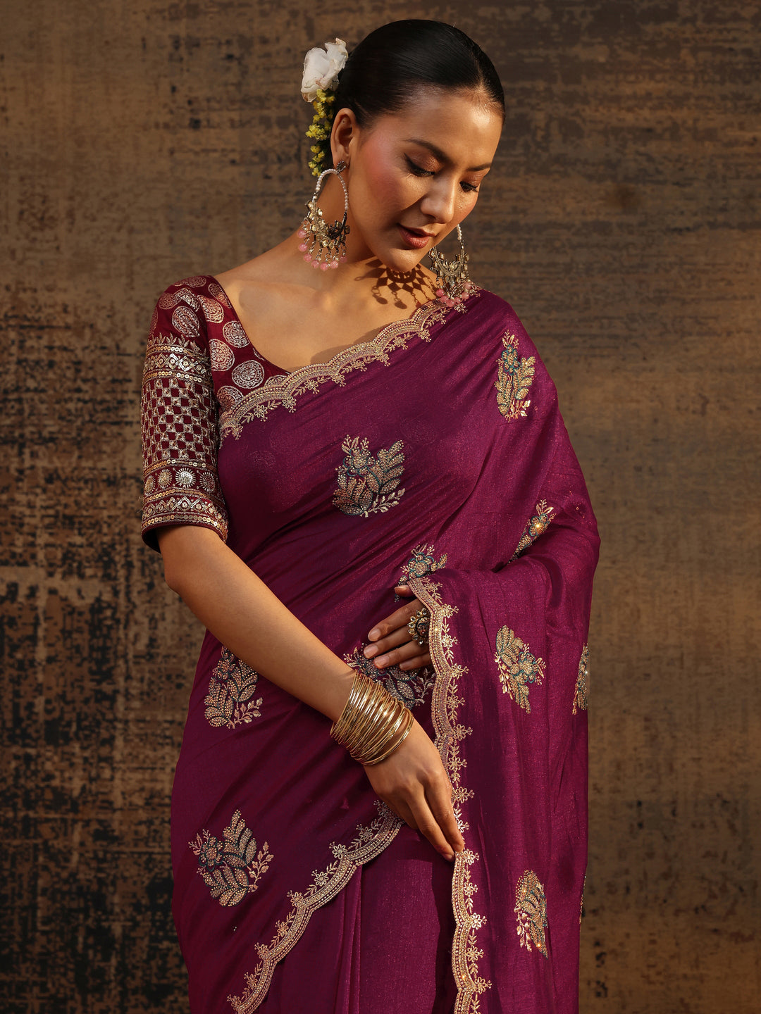 Maroon Floral Embroidered Silk Blend Saree With Unstitched Blouse Piece