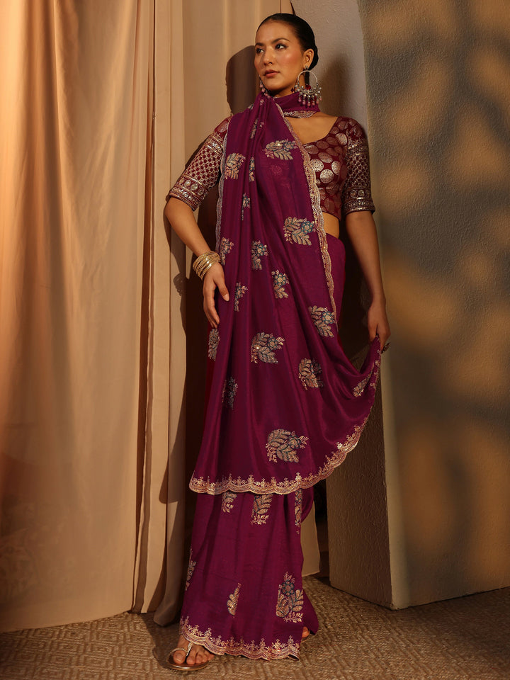 Maroon Floral Embroidered Silk Blend Saree With Unstitched Blouse Piece