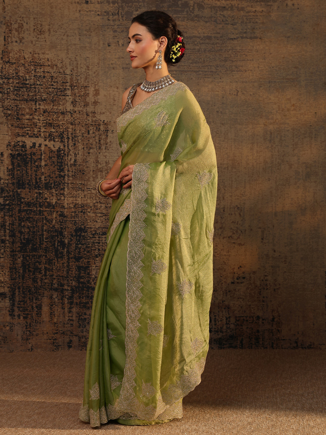 Green Ethnic Motifs Embellished Tissue Saree With Unstitched Blouse Piece