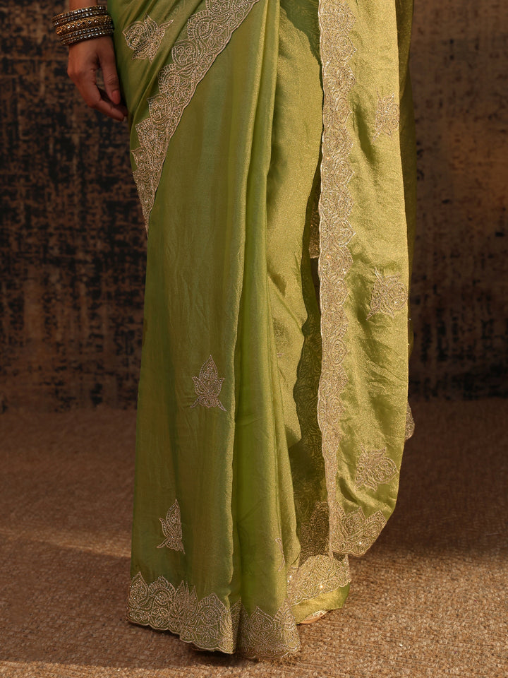 Green Ethnic Motifs Embellished Tissue Saree With Unstitched Blouse Piece