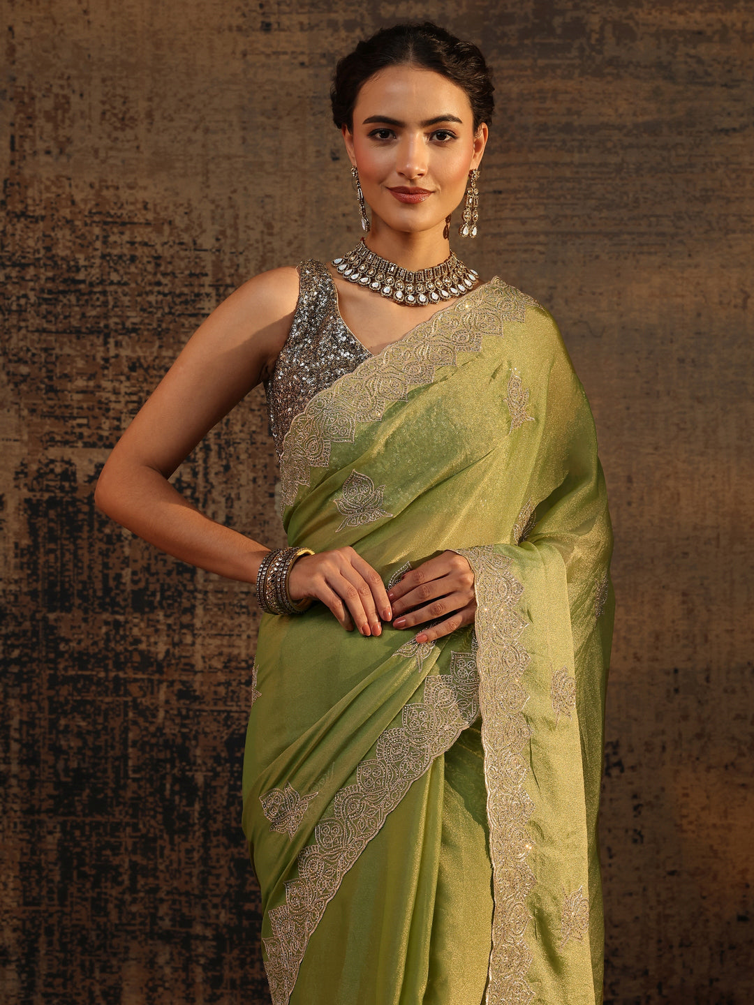 Green Ethnic Motifs Embellished Tissue Saree With Unstitched Blouse Piece