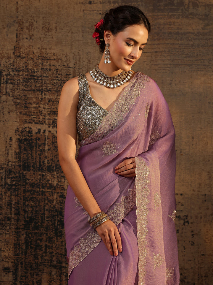 Purple Ethnic Motifs Embellished Tissue Saree With Unstitched Blouse Piece