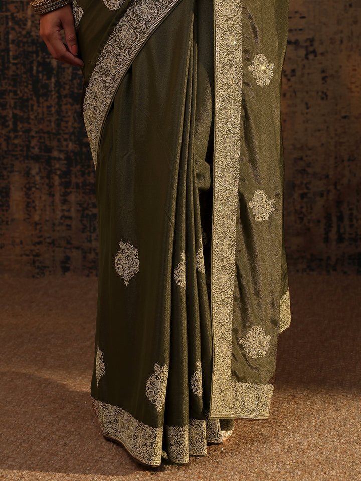 Green Ethnic Motifs Embellished Satin Saree With Unstitched Blouse Piece