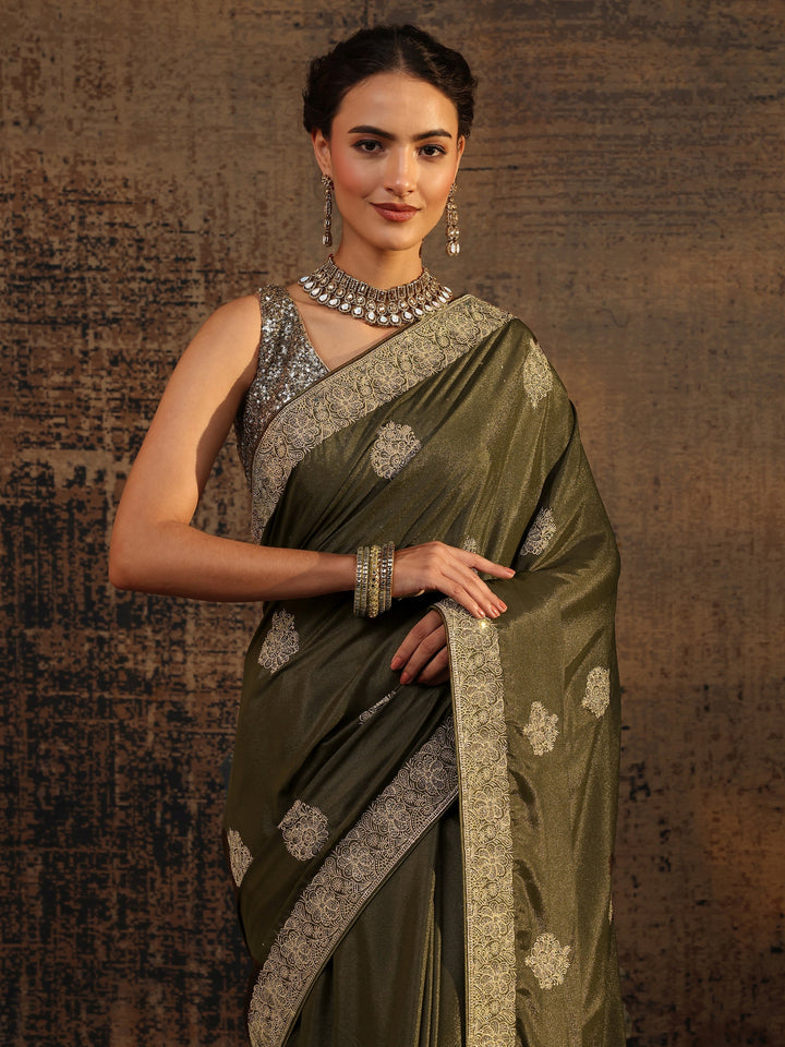 Green Ethnic Motifs Embellished Satin Saree With Unstitched Blouse Piece